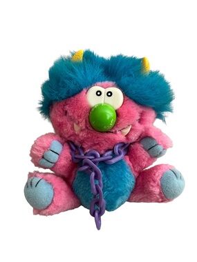 Vintage 1980’s Kuddlee Uglee Tara Toy Corp Monster Plush Pink Blue w/ Chain RARE